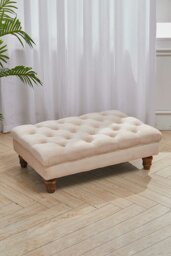 Rackhams Beige Buttoned Velvet Rectangular Ottoman Footstool with Gourd-shaped Legs - Beige - thumbnail 2