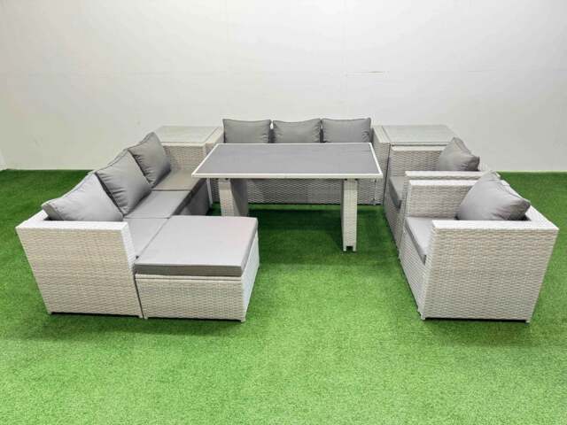Rackhams 9 Seater Wicker PE Rattan Furniture Outdoor Dining Table 3 Seater Sofa Armchair Set with 2 Side Tables Big Stool Light Grey - image 1