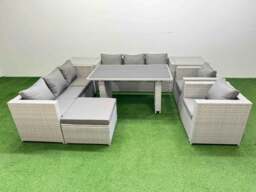 Rackhams 9 Seater Wicker PE Rattan Furniture Outdoor Dining Table 3 Seater Sofa Armchair Set with 2 Side Tables Big Stool Light Grey - thumbnail 1