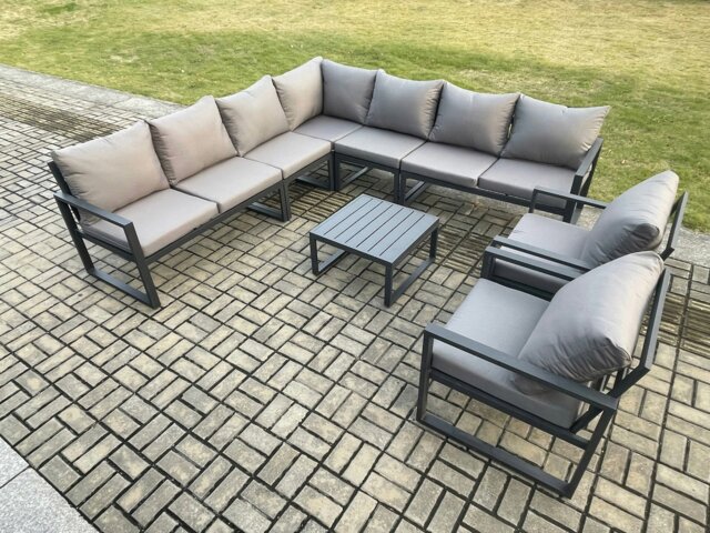 Rackhams Outdoor Garden Furniture Patio Lounge Corner Sofa Aluminium Set with Square Coffee Table 2 Pcs Arm Chairs Dark Grey