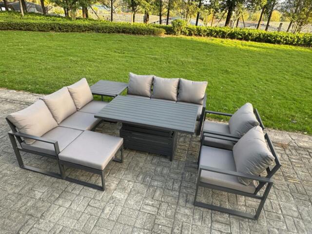 Rackhams 9 Seater Aluminium Garden Furniture Set with Adjustable Rising Dining Table, 2 Chairs, Side Table, Footstool - Dark Grey - image 1