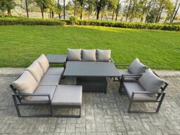 Rackhams 9 Seater Aluminium Garden Furniture Set with Adjustable Rising Dining Table, 2 Chairs, Side Table, Footstool - Dark Grey - thumbnail 2