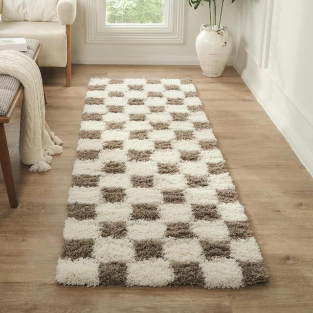 Rackhams Urban Shag-Modern Cream Brown Checkered Soft Plush Pile Rug - 80 x 220 cm - image 1