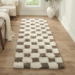 Rackhams Urban Shag-Modern Cream Brown Checkered Soft Plush Pile Rug - 80 x 220 cm - thumbnail 1