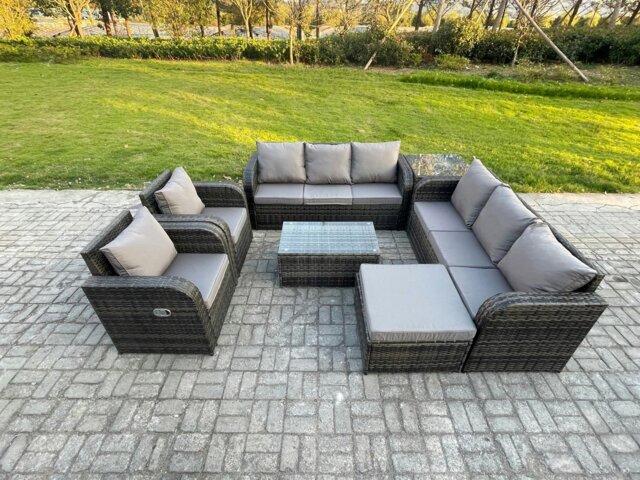 Rackhams Rattan Outdoor Garden Furniture Sofa Set Patio Table & Chairs Set with 3 Seater Sofa Reclining Chair Big Footstool Side Table Dark Grey Mixed - image 1