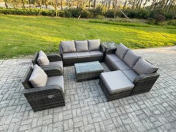 Rackhams Rattan Outdoor Garden Furniture Sofa Set Patio Table & Chairs Set with 3 Seater Sofa Reclining Chair Big Footstool Side Table Dark Grey Mixed - thumbnail 2
