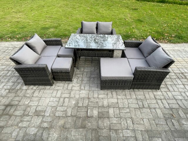 Rackhams Wicker PE Rattan Garden Furniture Sets Outdoor Lounge Sofa Set with Oblong Dining Table Double Seat Sofa 3 Footstools Dark Grey Mixed - image 1