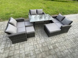 Rackhams Wicker PE Rattan Garden Furniture Sets Outdoor Lounge Sofa Set with Oblong Dining Table Double Seat Sofa 3 Footstools Dark Grey Mixed - thumbnail 2