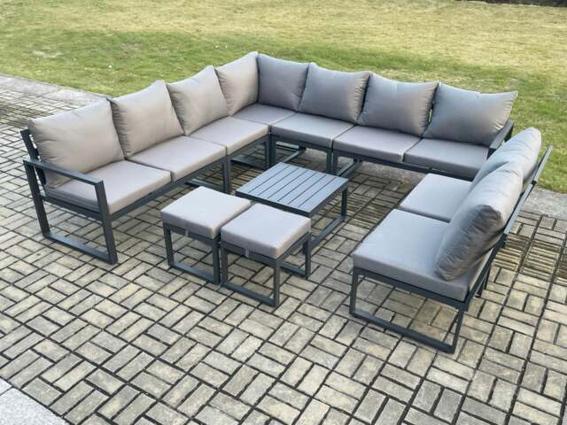 Rackhams 11 Seater Patio Outdoor Garden Furniture Aluminium Lounge Corner Sofa Set with Square Coffee Table with 2 Small Footstools Dark Grey