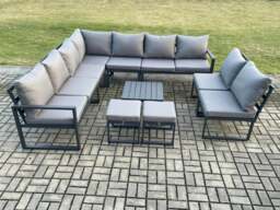 Rackhams 11 Seater Patio Outdoor Garden Furniture Aluminium Lounge Corner Sofa Set with Square Coffee Table with 2 Small Footstools Dark Grey - thumbnail 2