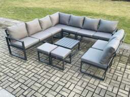 Rackhams 11 Seater Patio Outdoor Garden Furniture Aluminium Lounge Corner Sofa Set with Square Coffee Table with 2 Small Footstools Dark Grey - thumbnail 1