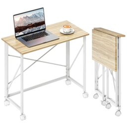 Rackhams Folding Desk on Wheels, Writing Table for Home Office, Natural - White - MDF - thumbnail 3