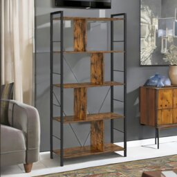 Rackhams Industrial 5 Tier Rustic Brown Bookcase Zig Zag