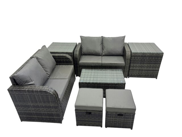 Rackhams Outdoor Love Sofa Coffee Table Set Garden Rattan Furniture Set 6 Seater with 2 Small Stools 2 Side Tables Dark Grey - image 1