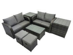 Rackhams Outdoor Love Sofa Coffee Table Set Garden Rattan Furniture Set 6 Seater with 2 Small Stools 2 Side Tables Dark Grey - thumbnail 2