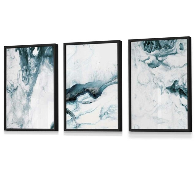 Rackhams Abstract Teal and White Set of 3 Framed Wall Art - 30x42cm (A3) - Black - image 1