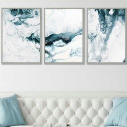 Rackhams Abstract Teal and White Set of 3 Framed Wall Art - 30x42cm (A3) - Black - thumbnail 2