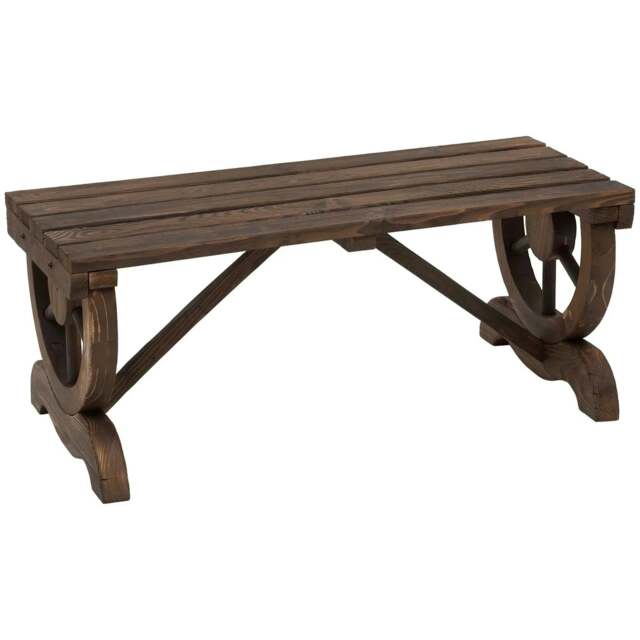 Rackhams Garden Rustic Wooden Bench Wheel-Shaped Legs Slatted Seat Stable Reinforced Structure Outdoor Patio Garden 2-Person Bench Seat - Brown - image 1