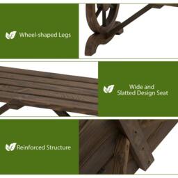 Rackhams Garden Rustic Wooden Bench Wheel-Shaped Legs Slatted Seat Stable Reinforced Structure Outdoor Patio Garden 2-Person Bench Seat - Brown - thumbnail 3