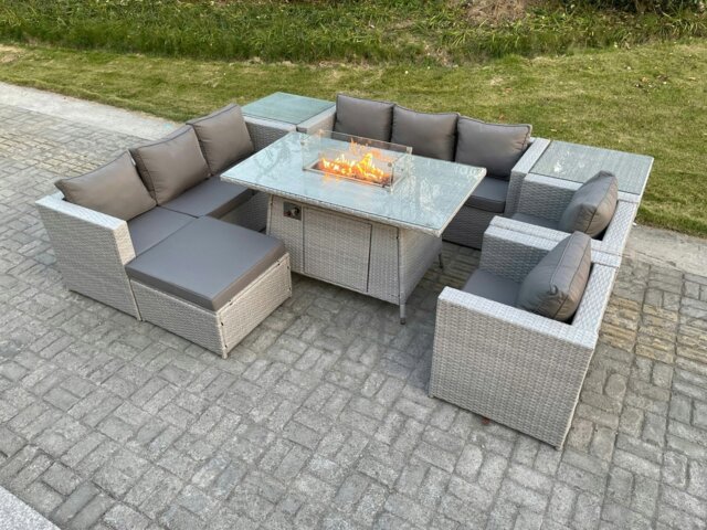 Rackhams Rattan Outdoor Garden Furniture Set with Gas Fire Pit Dining Table, 2 Sofas, 2 Side Tables, 2 Chairs, 1 Footstool - 9 Seater - Light Grey - image 1