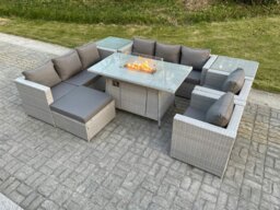Rackhams Rattan Outdoor Garden Furniture Set with Gas Fire Pit Dining Table, 2 Sofas, 2 Side Tables, 2 Chairs, 1 Footstool - 9 Seater - Light Grey - thumbnail 1