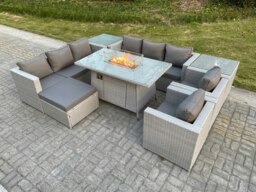 Rackhams Rattan Outdoor Garden Furniture Set with Gas Fire Pit Dining Table, 2 Sofas, 2 Side Tables, 2 Chairs, 1 Footstool - 9 Seater - Light Grey - thumbnail 3