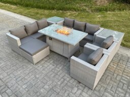 Rackhams Rattan Outdoor Garden Furniture Set with Gas Fire Pit Dining Table, 2 Sofas, 2 Side Tables, 2 Chairs, 1 Footstool - 9 Seater - Light Grey - thumbnail 2