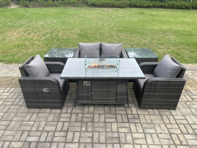Rackhams Rattan Outdoor Garden Furniture Set Gas Fire Pit Dining Table with 2 Side Tables Chair Love seat Sofa - image 1