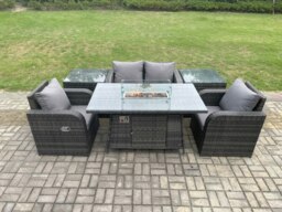 Rackhams Rattan Outdoor Garden Furniture Set Gas Fire Pit Dining Table with 2 Side Tables Chair Love seat Sofa - thumbnail 1