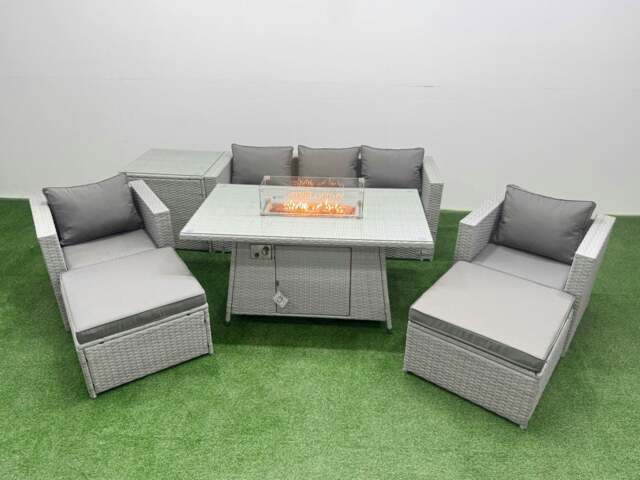 Rackhams 7 Seat PE Rattan Lounge Sofa Set Outdoor Garden Furniture Set with Fire Pit Dining Table 3 Seater Sofa 2 Big Footstools Side Table Light Grey - image 1