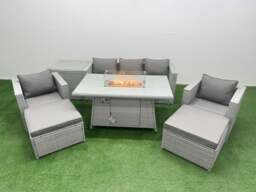 Rackhams 7 Seat PE Rattan Lounge Sofa Set Outdoor Garden Furniture Set with Fire Pit Dining Table 3 Seater Sofa 2 Big Footstools Side Table Light Grey - thumbnail 1