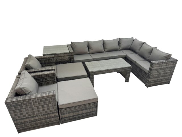 Rackhams Outdoor Rattan Oblong Coffee Table Corner Sofa Sets Garden Furniture Set with 2 Chairs 2 Big Stools Side Table Dark Grey Mixed - image 1