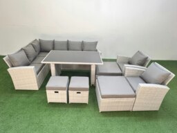 Rackhams 12 Seater Wicker Rattan Corner Sofa Sets Outdoor Garden Furniture Sets with Rectangular Dining Table Lounge Sofa 4 Footstools Light Grey - thumbnail 2