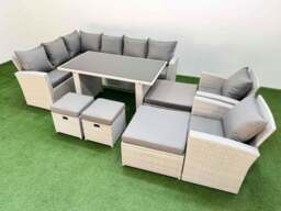 Rackhams 12 Seater Wicker Rattan Corner Sofa Sets Outdoor Garden Furniture Sets with Rectangular Dining Table Lounge Sofa 4 Footstools Light Grey - thumbnail 1