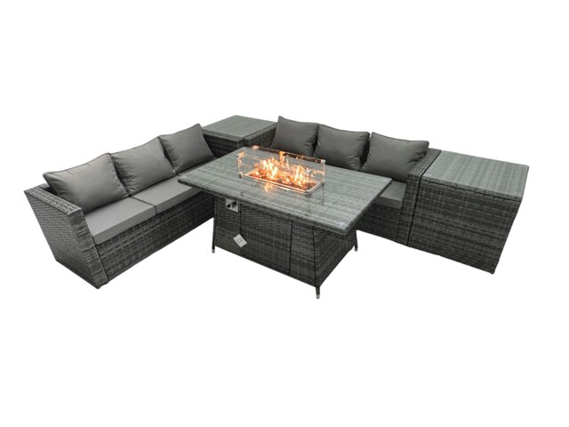 Rackhams Rattan Garden Furniture Fire Pit Dining Set 6 Seater Lounge Sofa Table Set with 2 Side Tables - image 1