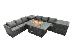 Rackhams Rattan Garden Furniture Fire Pit Dining Set 6 Seater Lounge Sofa Table Set with 2 Side Tables - thumbnail 1
