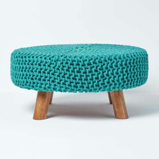 Rackhams Large Round Cotton Knitted Footstool on Legs - Teal Green - image 1