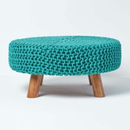 Rackhams Large Round Cotton Knitted Footstool on Legs - Teal Green