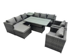 Rackhams 9 Seater Rattan Garden Furniture Set with Corner Sofa, Height Adjustable Rising Table, Side Table & Stool - Dark Grey - thumbnail 2