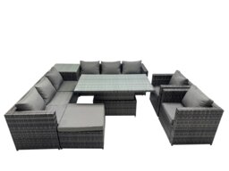 Rackhams 9 Seater Rattan Garden Furniture Set with Corner Sofa, Height Adjustable Rising Table, Side Table & Stool - Dark Grey - thumbnail 3