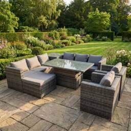 Rackhams 9 Seater Rattan Garden Furniture Set with Corner Sofa, Height Adjustable Rising Table, Side Table & Stool - Dark Grey - thumbnail 1