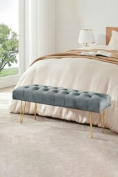 Rackhams Buttoned Velvet Bench Gold Hairpin Legs - Grey - thumbnail 2