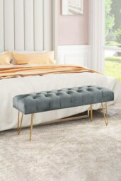 Rackhams Buttoned Velvet Bench Gold Hairpin Legs - Grey
