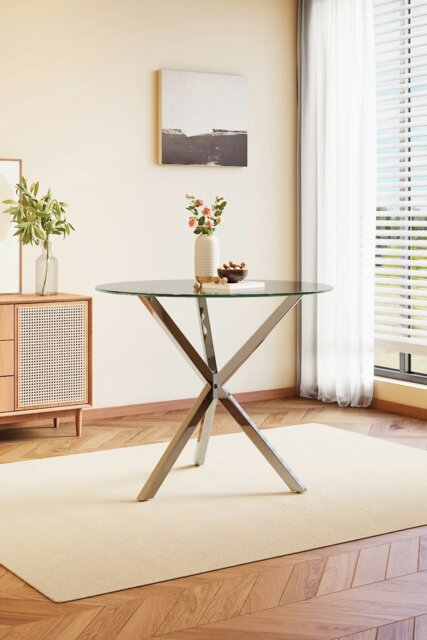 Rackhams Modern Clear Tempered Glass Dining Table Coffee Table with Chrome Three-Way Crossed Legs - Clear - image 1