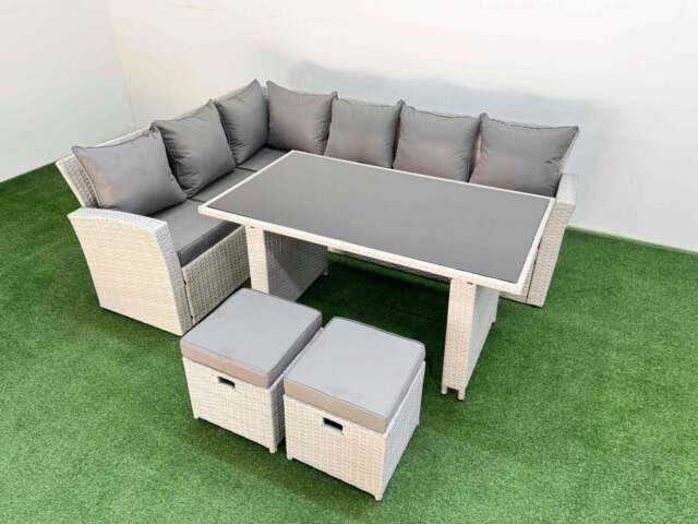 Rackhams 8 Seater Wicker Rattan Corner Sofa Sets Outdoor Garden Furniture Sets with Rectangular Dining Table Lounge Sofa 2 Small Footstools Light Grey - image 1