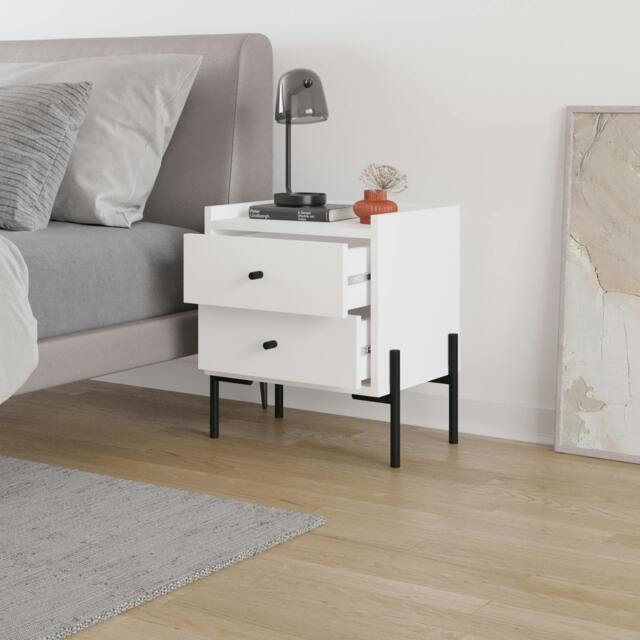 Rackhams Modern Malta Nightstand w/ 2 Drawers Storage Cabinet Organiser Side Bedside Table Metal Legs 48.6(W)cm Bedroom, Home - White