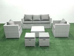 Rackhams 7 Seater Rattan Garden Furniture Set with 3 Seater Sofa 2 Chair Square Coffee Table 2 Small Footstools Light Grey Mixed - thumbnail 1