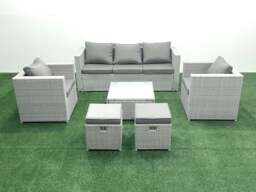 Rackhams 7 Seater Rattan Garden Furniture Set with 3 Seater Sofa 2 Chair Square Coffee Table 2 Small Footstools Light Grey Mixed - thumbnail 2