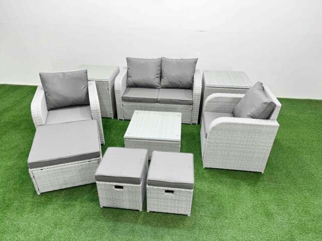 Rackhams Light Grey PE Wicker Rattan Garden Furniture Set Sofa Set Reclining Adjustable Chair Square Coffee Table 7 Seater 3  Stools 3 Side Table - image 1
