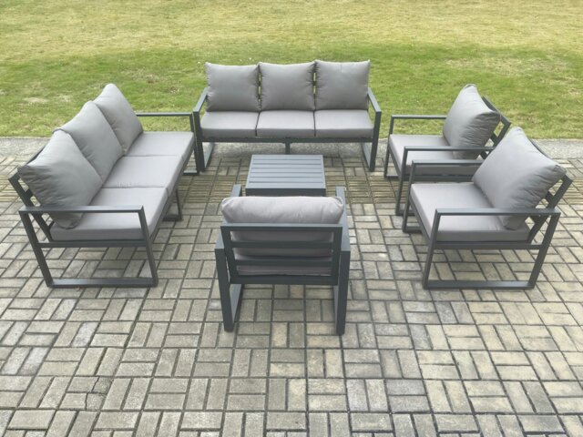 Rackhams Aluminium Outdoor Garden Furniture Set Patio Lounge Sofa with Square Coffee Table 3 Armchairs Dark Grey - image 1
